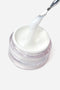 Gel UV unghie bianco opaco e denso in barattolo di vetro con spatola che preleva il prodotto, ideale per nail art e ricostruzione.