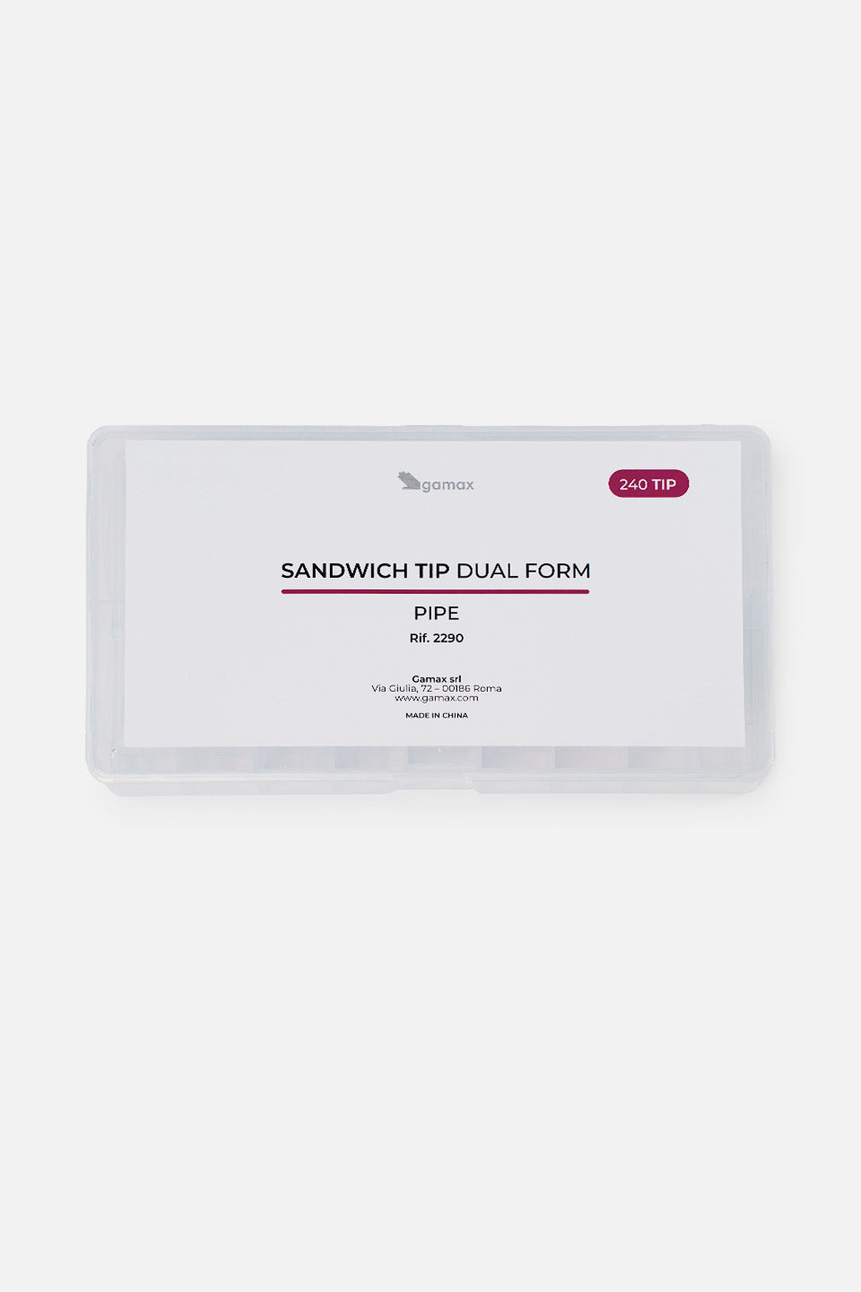 Una scatola di plastica trasparente rettangolare contenente le tip per unghie. L'etichetta bianca sul coperchio riporta il logo Gamax e la scritta "SANDWICH TIP DUAL FORM - PIPE", indicando il codice prodotto Rif. 2290 e la quantità di 240 pezzi.