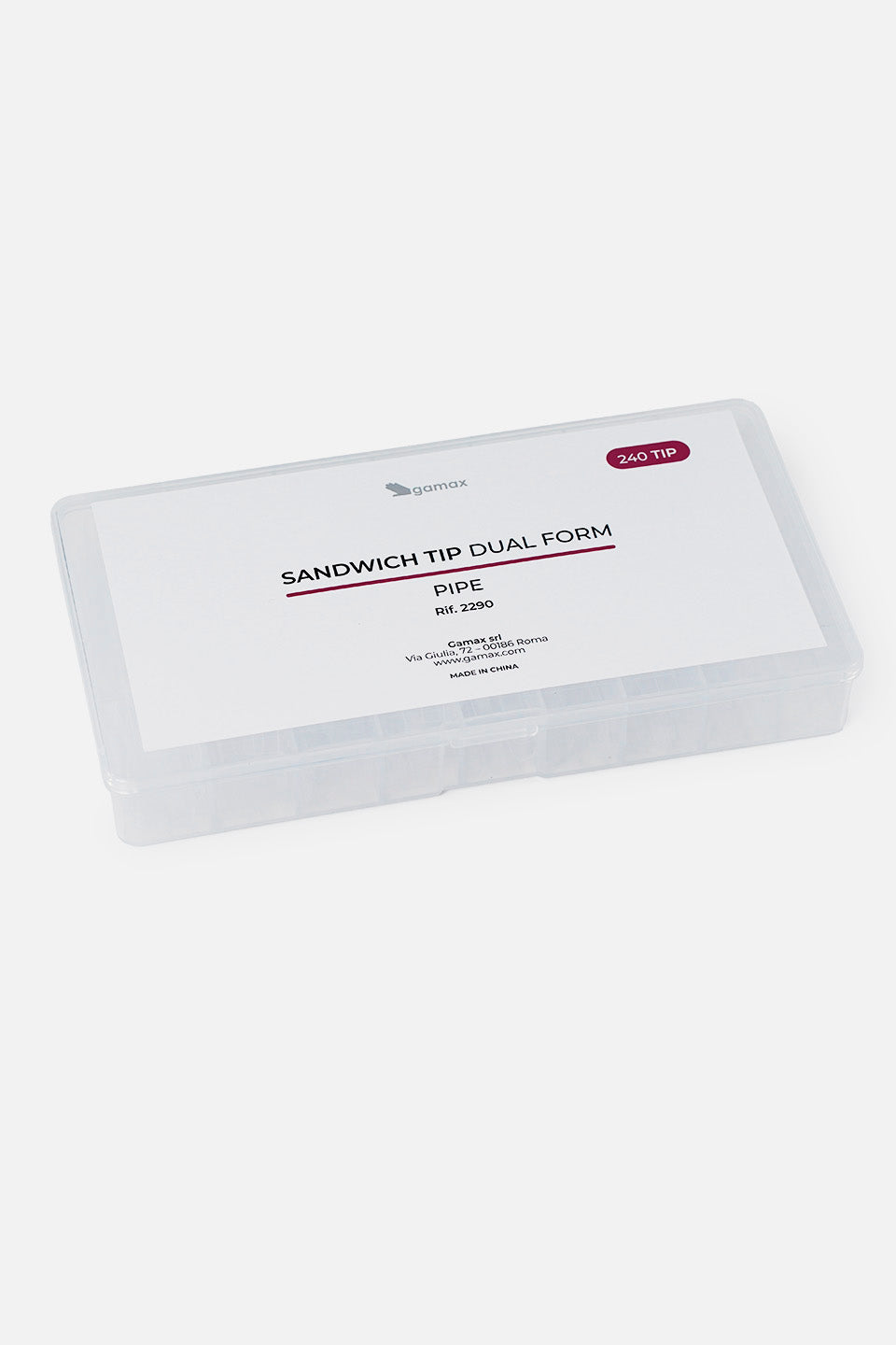 Una scatola di plastica trasparente rettangolare contenente le tip per unghie. L'etichetta bianca sul coperchio riporta il logo Gamax e la scritta "SANDWICH TIP DUAL FORM - PIPE", indicando il codice prodotto Rif. 2290 e la quantità di 240 pezzi.