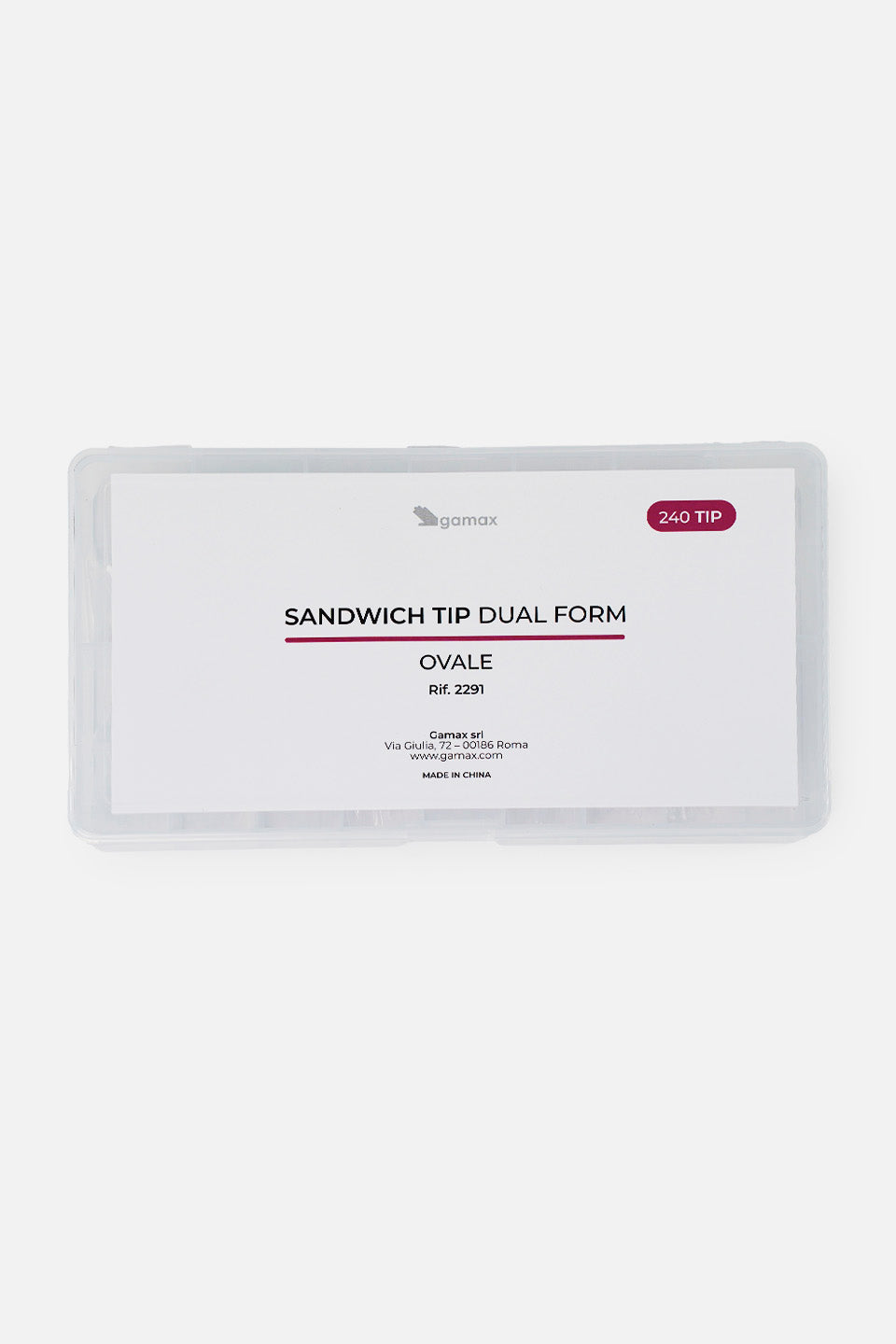 Una scatola rettangolare in plastica trasparente vista in prospettiva. L'etichetta superiore bianca riporta il marchio Gamax e la descrizione del prodotto: "SANDWICH TIP DUAL FORM - OVALE - Rif. 2291". In un bollino bordeaux nell'angolo è indicata la quantità di 240 pezzi contenuti all'interno