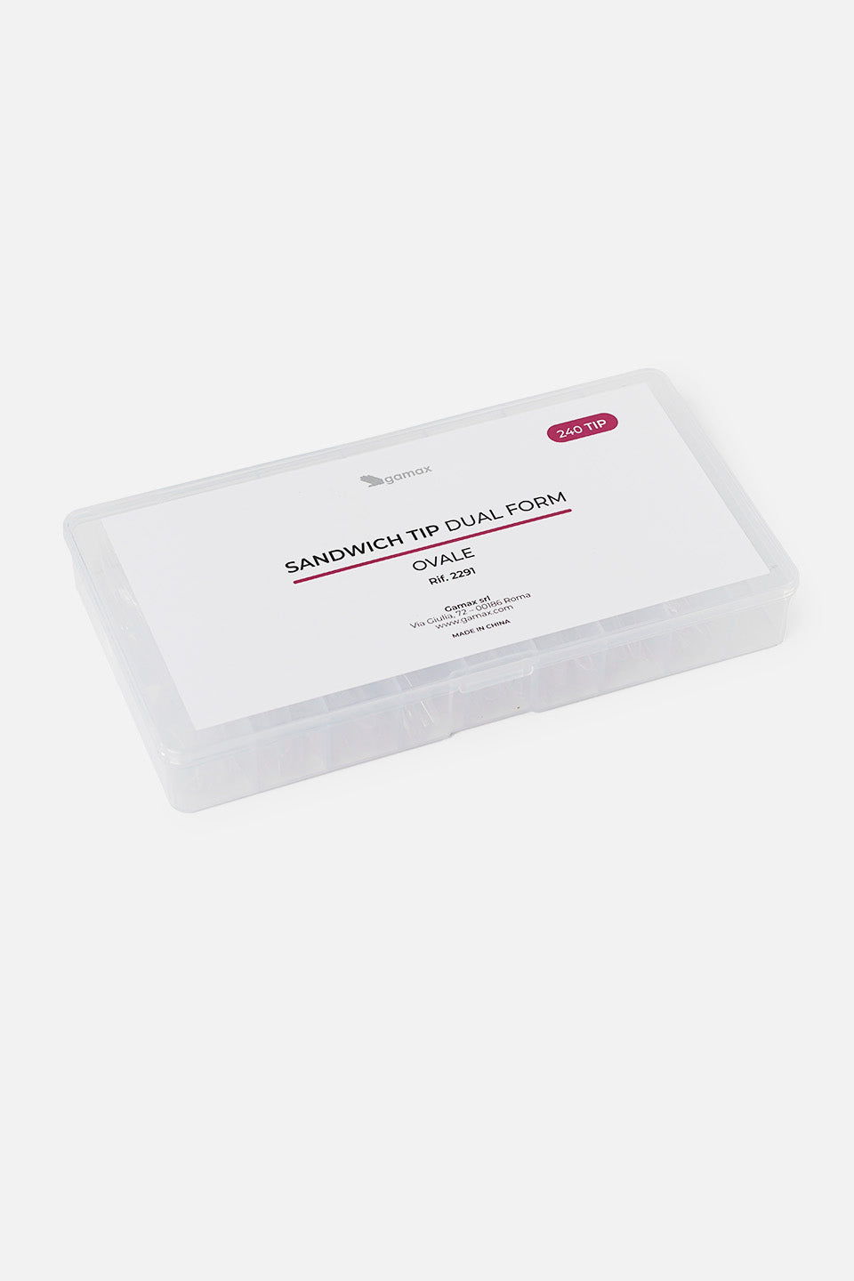 Una scatola rettangolare in plastica trasparente vista in prospettiva. L'etichetta superiore bianca riporta il marchio Gamax e la descrizione del prodotto: "SANDWICH TIP DUAL FORM - OVALE - Rif. 2291". In un bollino bordeaux nell'angolo è indicata la quantità di 240 pezzi contenuti all'interno