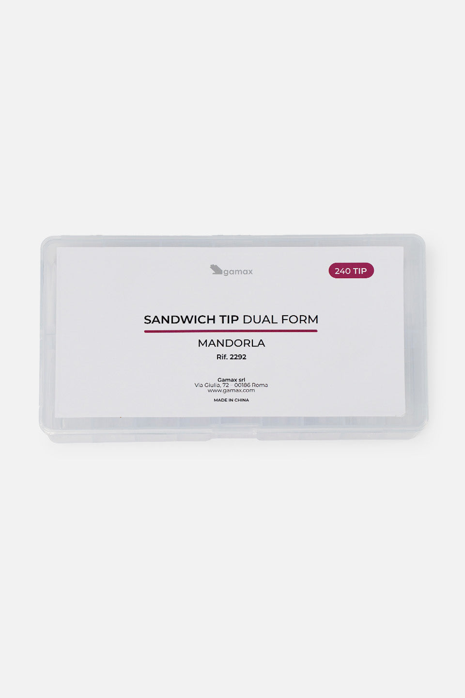 Una scatola trasparente contenente le tip, vista dall'alto in modo leggermente inclinato. L'etichetta frontale bianca riporta il marchio Gamax e la dicitura: "SANDWICH TIP DUAL FORM - MANDORLA - Rif. 2292". In alto a destra è presente un'icona bordeaux con la scritta "240 TIP".