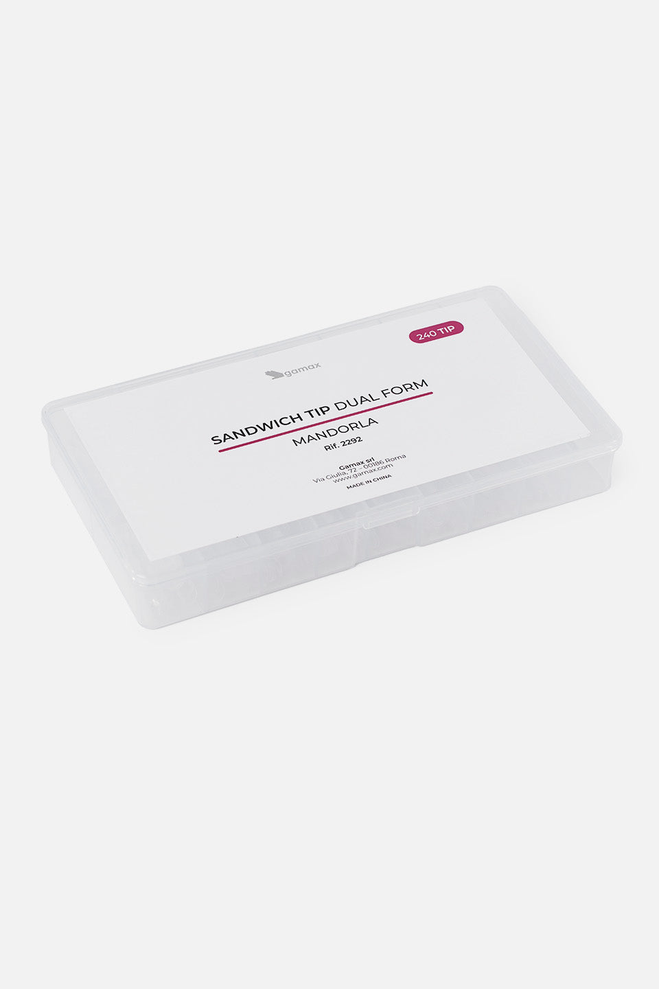 Una scatola trasparente contenente le tip, vista dall'alto in modo leggermente inclinato. L'etichetta frontale bianca riporta il marchio Gamax e la dicitura: "SANDWICH TIP DUAL FORM - MANDORLA - Rif. 2292". In alto a destra è presente un'icona bordeaux con la scritta "240 TIP".