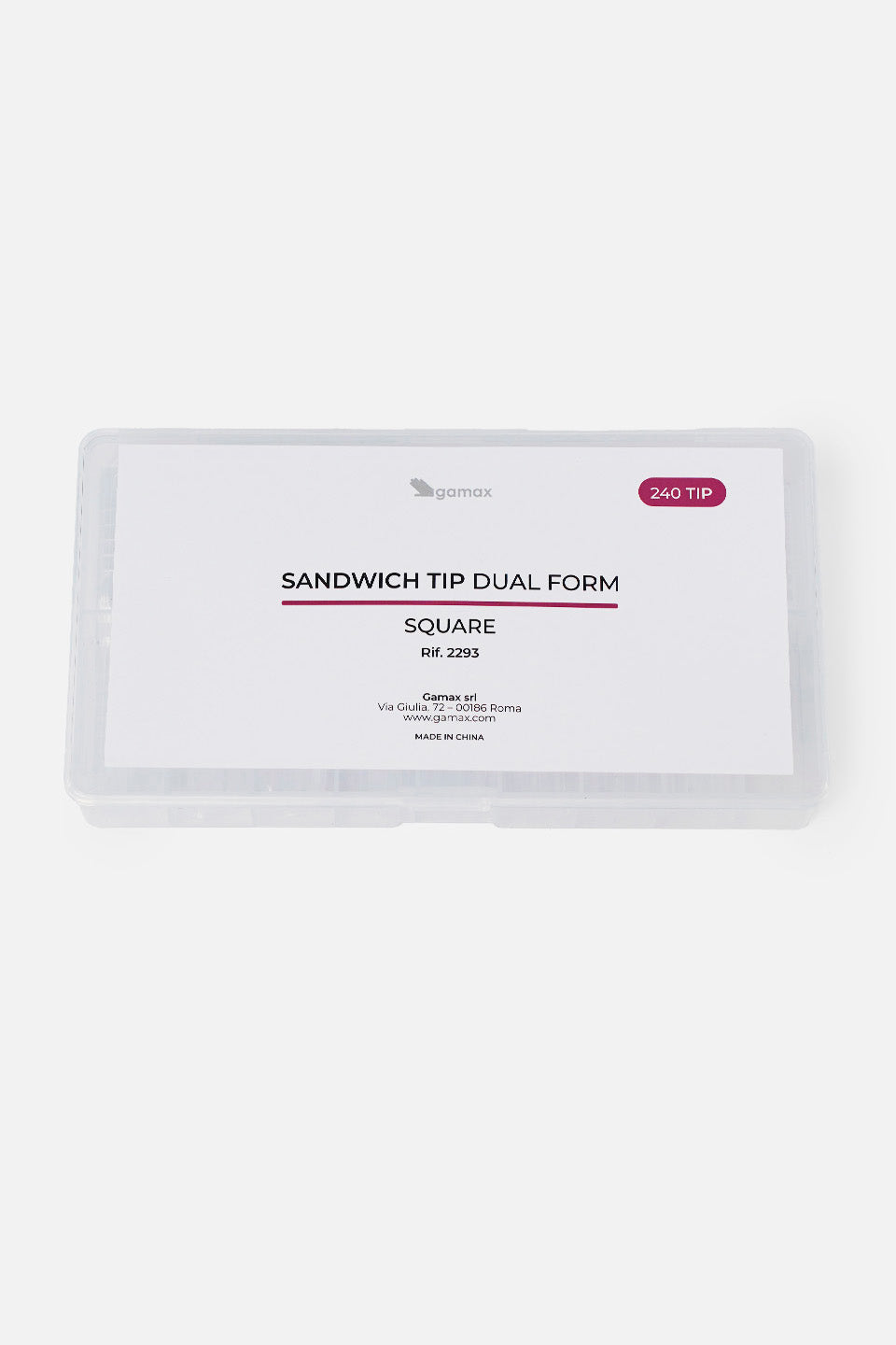 Scatola rettangolare in plastica trasparente contenente le tip per ricostruzione. L'etichetta bianca riporta il logo Gamax e la dicitura specifica: "SANDWICH TIP DUAL FORM - SQUARE - Rif. 2293" con l'indicazione di 240 pezzi nell'angolo superiore.