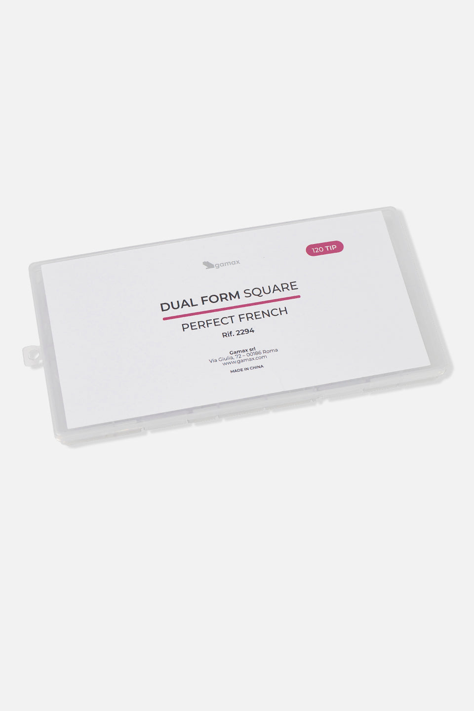 Confezione vista obliqua chiusa di "Dual Form Square Perfect French" di Gamax, rif. 2294, contenente 120 tip professionali, presentata su sfondo grigio chiaro.