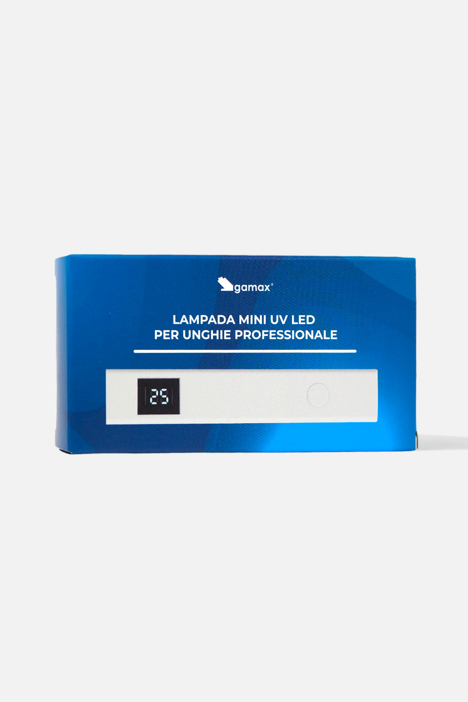 Fronte della confezione blu Gamax per Lampada Mini UV LED Professionale, con un'illustrazione del prodotto che mostra il display digitale con il numero 25.