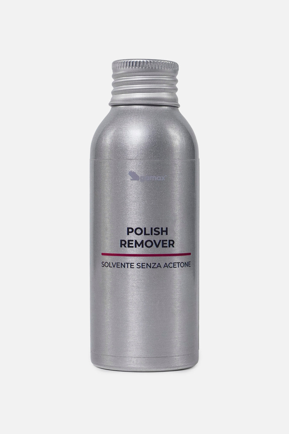 Flacone cilindrico in alluminio satinato argento di solvente per unghie Gamax. L'etichetta frontale presenta la scritta "POLISH REMOVER" in grassetto nero, sottolineata da una sottile linea bordeaux, seguita dalla dicitura "SOLVENTE SENZA ACETONE". In alto è visibile il logo Gamax in grigio.