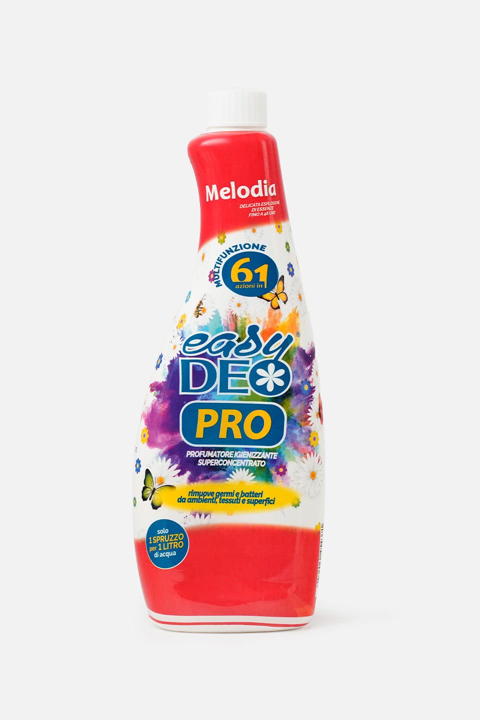 Flacone frontale di Melodia easyDEO PRO profumatore igienizzante superconcentrato fragranza 'Melodia' (rossa). Etichetta con fiori, farfalle e testo '6 in 1' e 'soli 1 spruzzo per 1 LITRO di acqua'. Formato ricarica senza spruzzino.