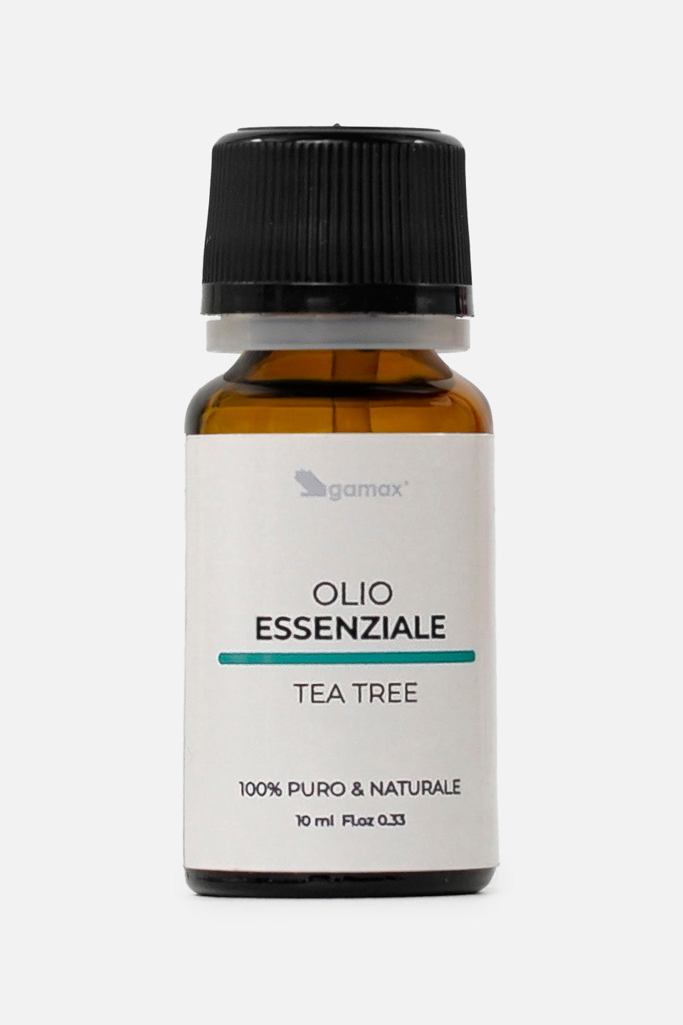 Vista frontale dell'Olio Essenziale Tea Tree Gamax da 10 ml in vetro scuro con banda orizzontale verde acqua