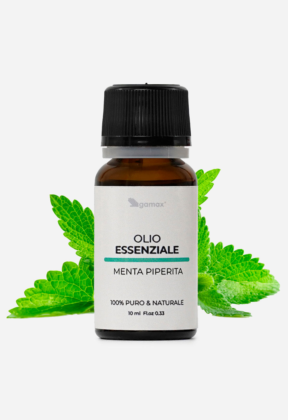 Flacone di olio essenziale alla menta piperita Gamax posizionato davanti a foglie di menta fresca verde brillante, a indicare l'origine naturale del prodotto.