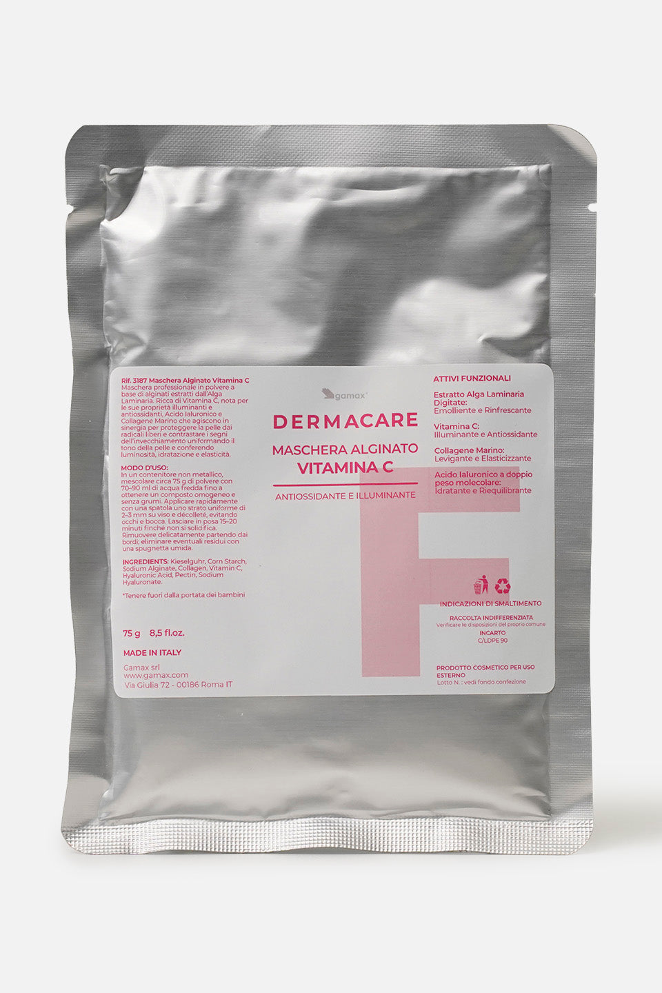primo piano confezione chiusa di maschera alginato alla vitamina c dermacare gamax