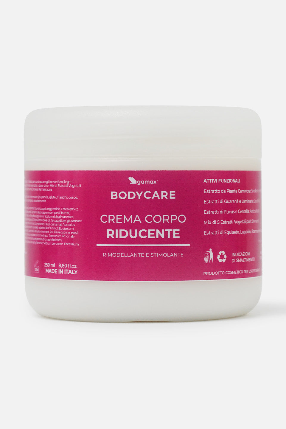 primo piano flacone crema corpo riducente rimodellante e stimolante
