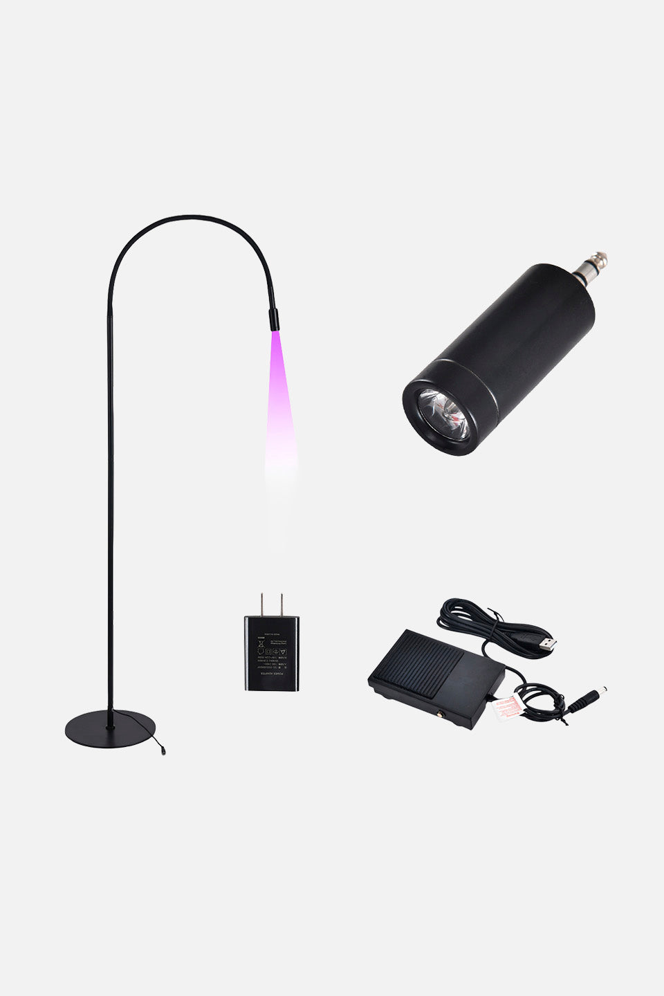 immagine che mostra tutti gli accessori inclusi, pedale, led e presa