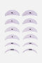 Panoramica delle sei dimensioni di bigodini curvi viola per laminazione ciglia coreana, dalla XL alla XXS, con le relative etichette di taglia sovrapposte (XL, L, M, S, XS, XXS) per ogni paio.