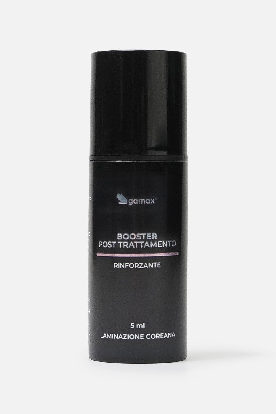 Booster post trattamento rinforzante, flacone in plastica rigida nero su sfondo bianco.