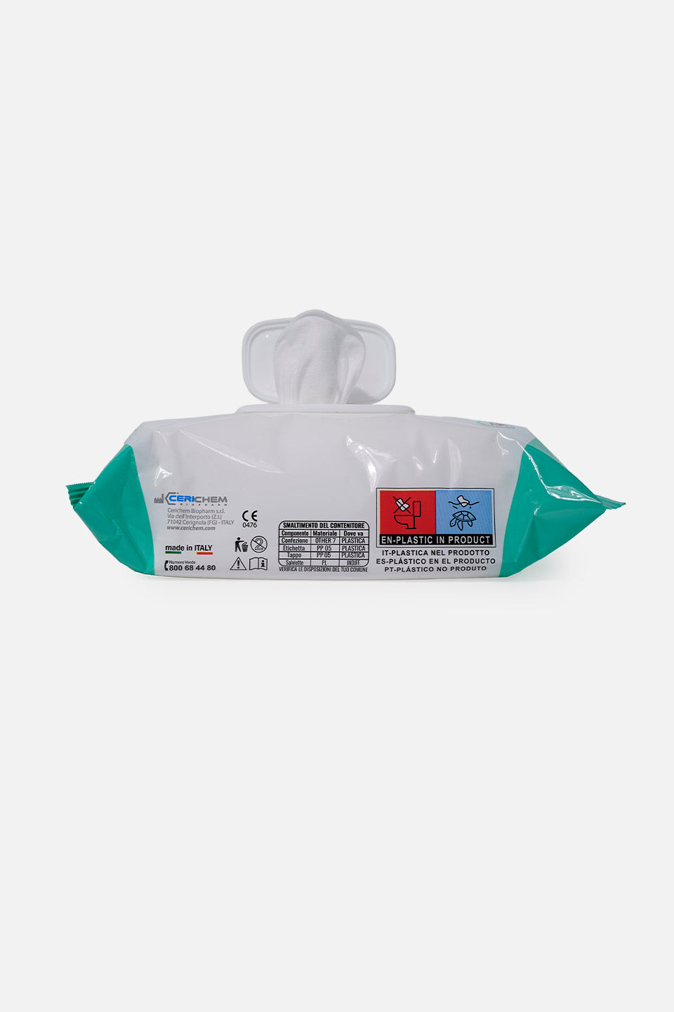 Confezione di salviette disinfettanti LC-Guan da 100 pezzi aperta con una salvietta estratta. In evidenza le informazioni sullo smaltimento dei componenti e l'etichetta "Plastic in product".