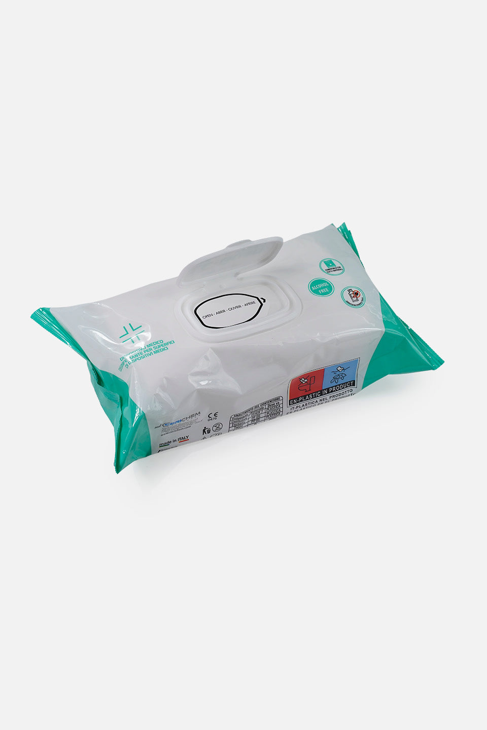 Confezione aperta di salviette disinfettanti LC-Guan 100 WIPES. Visibile il coperchio in plastica bianca sollevato e le icone "Alcohol Free" e "Medical Device" sul pack bianco e verde.