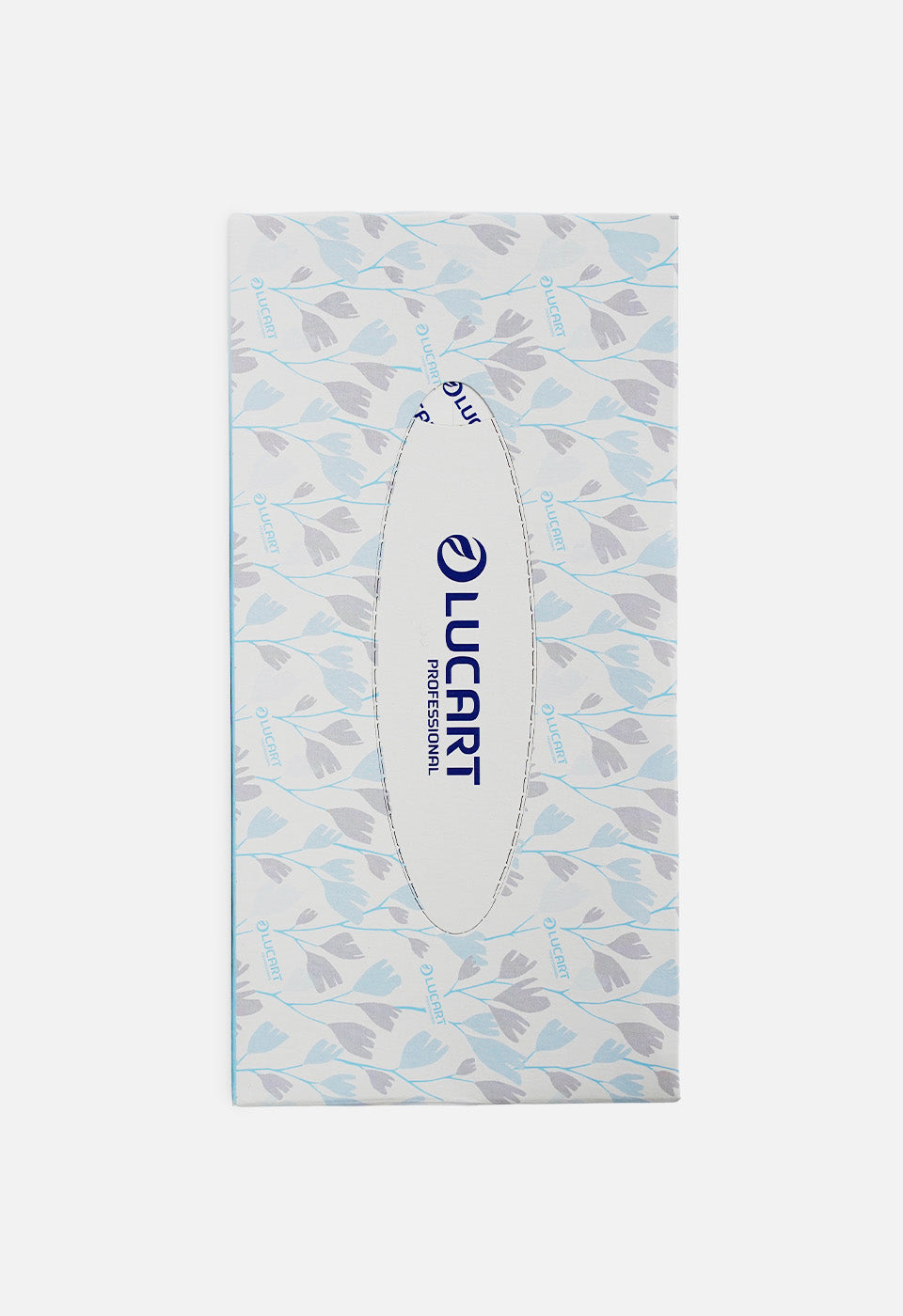 Inquadratura dall'alto della scatola di salviette Lucart Professional con trama a foglie stilizzate azzurre e grigie su fondo bianco e apertura ovale centrale