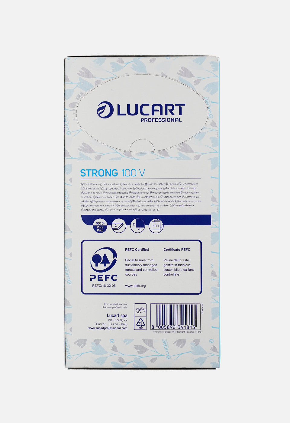 Retro della confezione con specifiche tecniche: prodotto 100% pura cellulosa, certificazione PEFC per foreste gestite in modo sostenibile e codice a barre