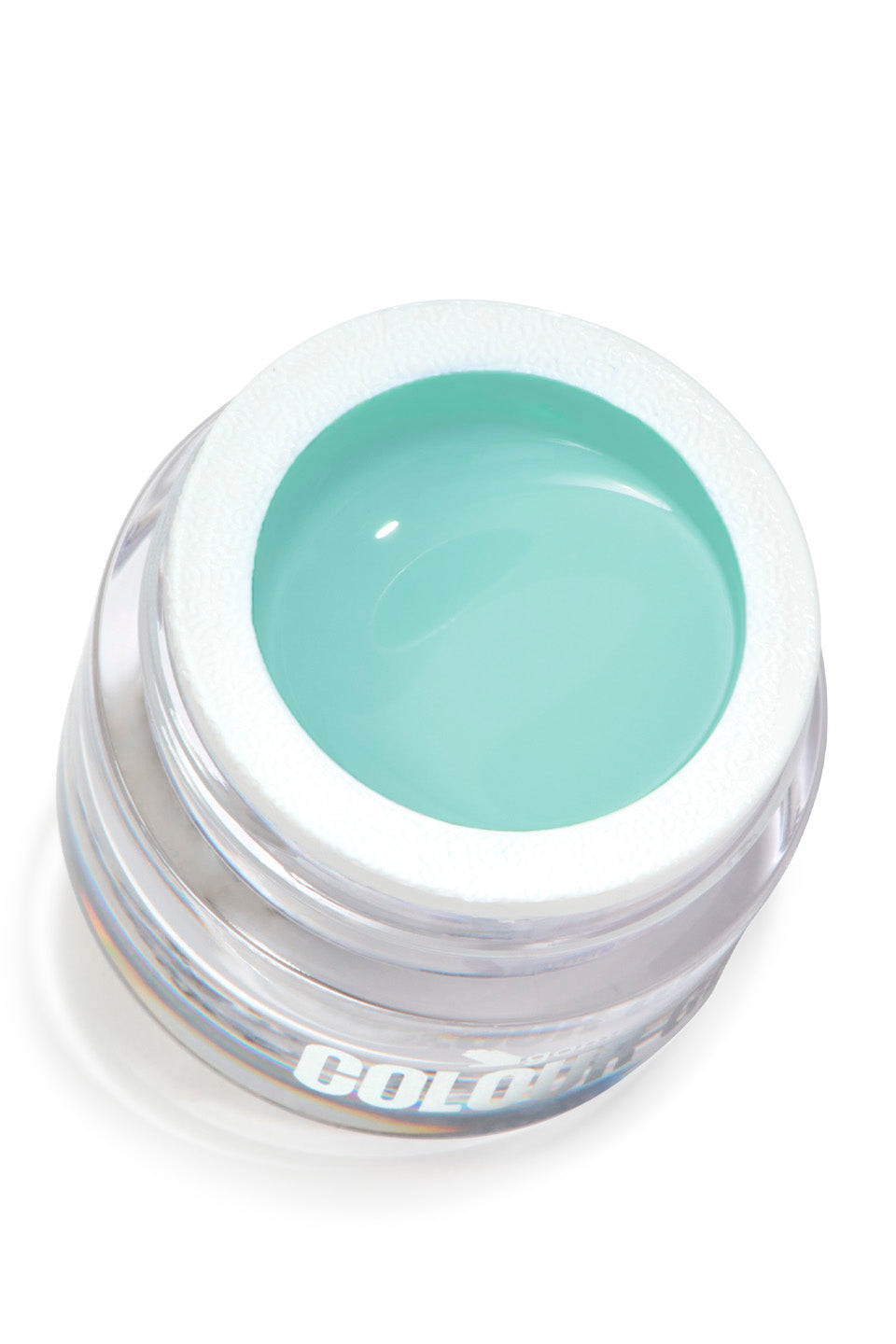 Barattolo aperto, su sfondo neutro, del Gel UV colorato verde acqua Toro 5 g