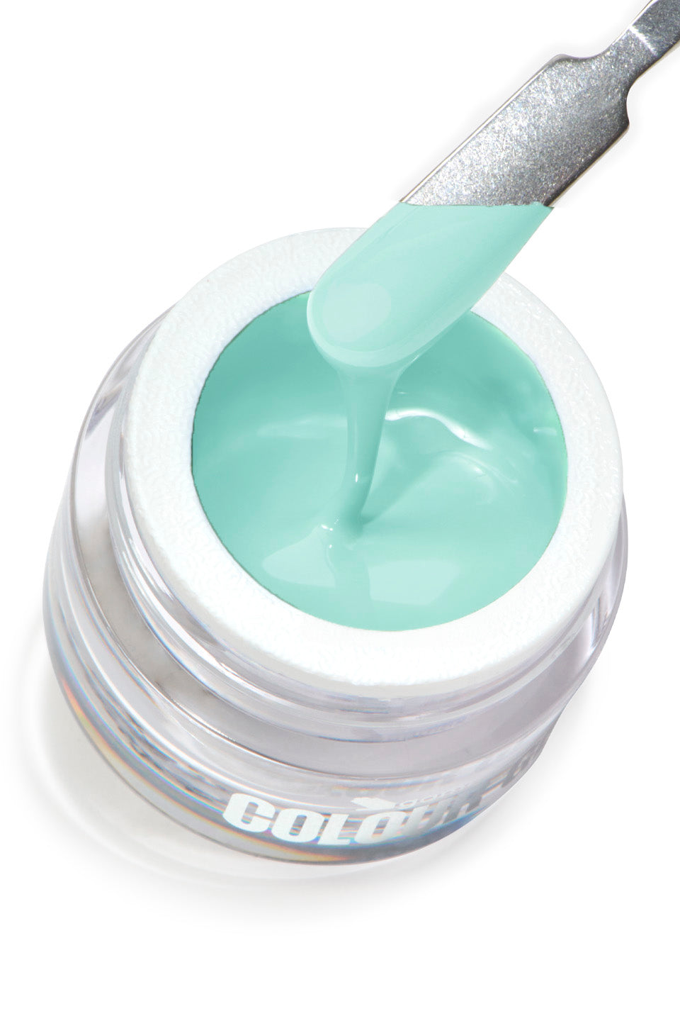 Barattolo con spatolina, su sfondo neutro, del Gel UV colorato verde acqua Toro 5 g