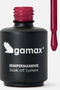 Flacone nero con logo gamax argentato e scritta "semipermanente soak off system" aperto con pennello accanto nel collo del flacone e sul pennello si vede il colore dello smalto: rosso porpora