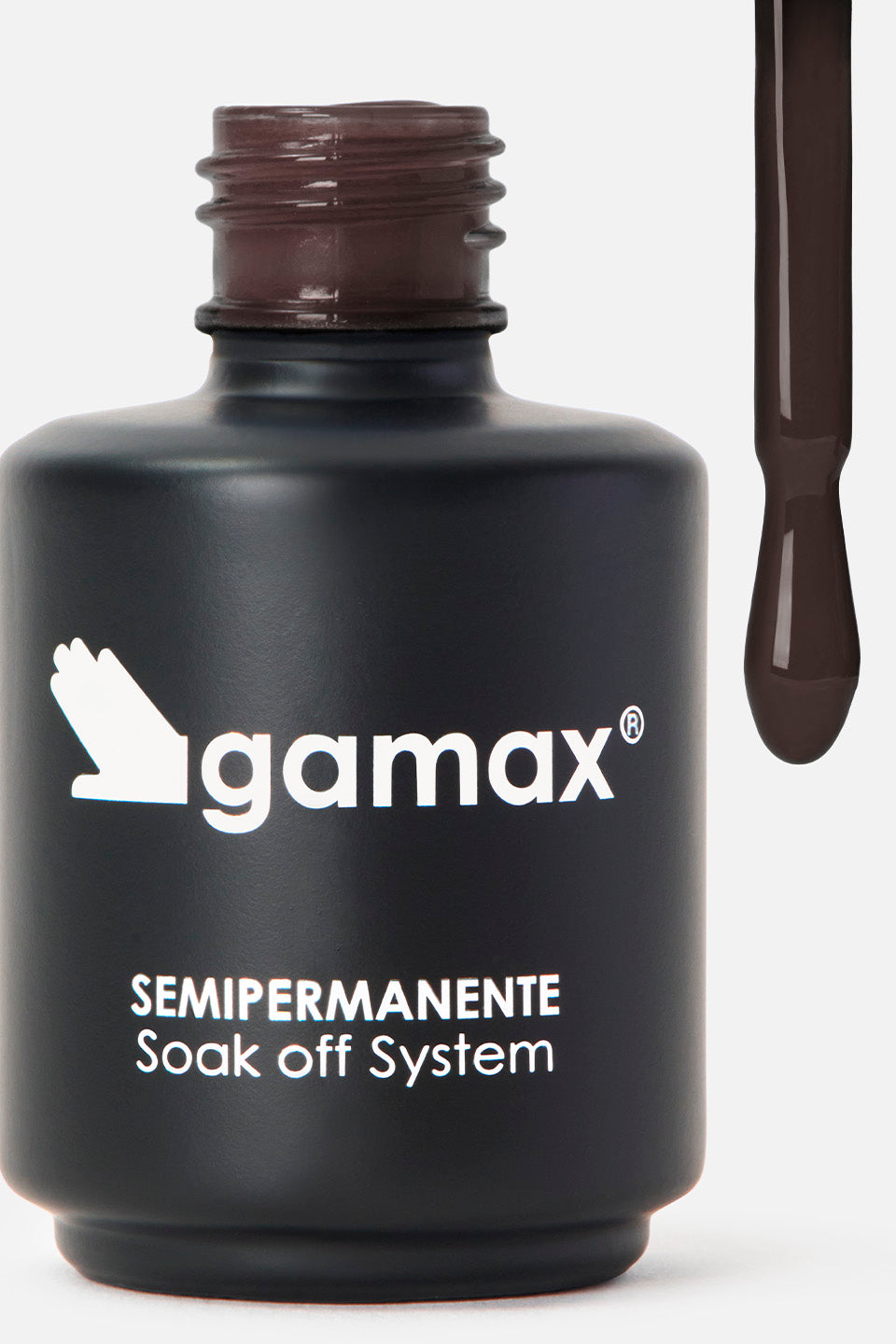 Flacone aperto di smalto semipermanente Gamax nero opaco, con pennello applicatore estratto che mostra il colore marrone scuro del prodotto.