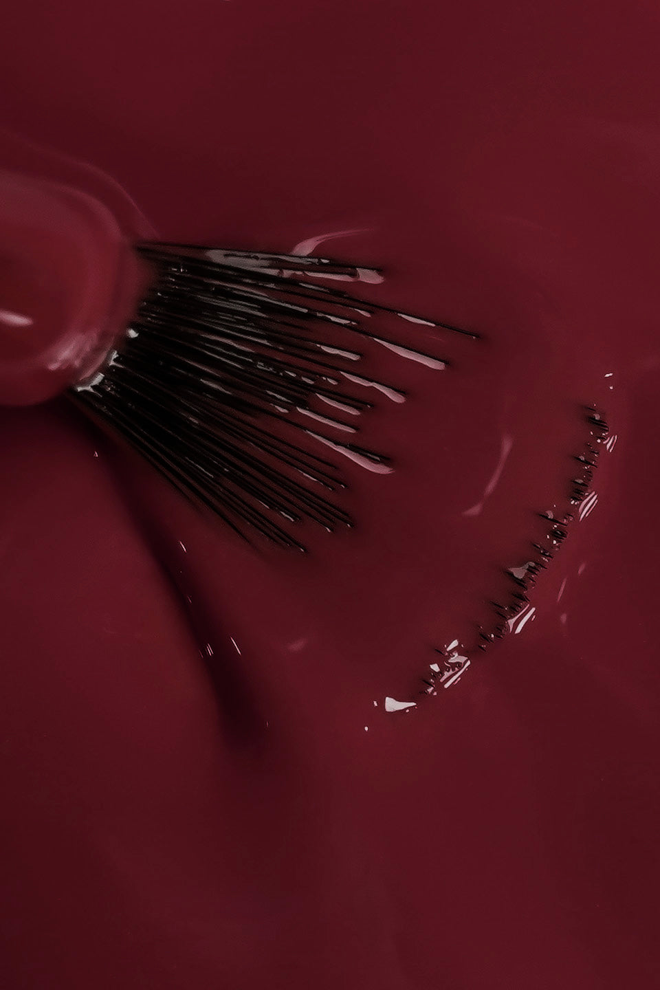 Dettaglio ravvicinato della texture fluida dello smalto semipermanente rosso rubino desiderio. Un pennello a ventaglio è immerso nel colore, mostrando la coprenza omogenea e la finitura lucida del prodotto durante la stesura.