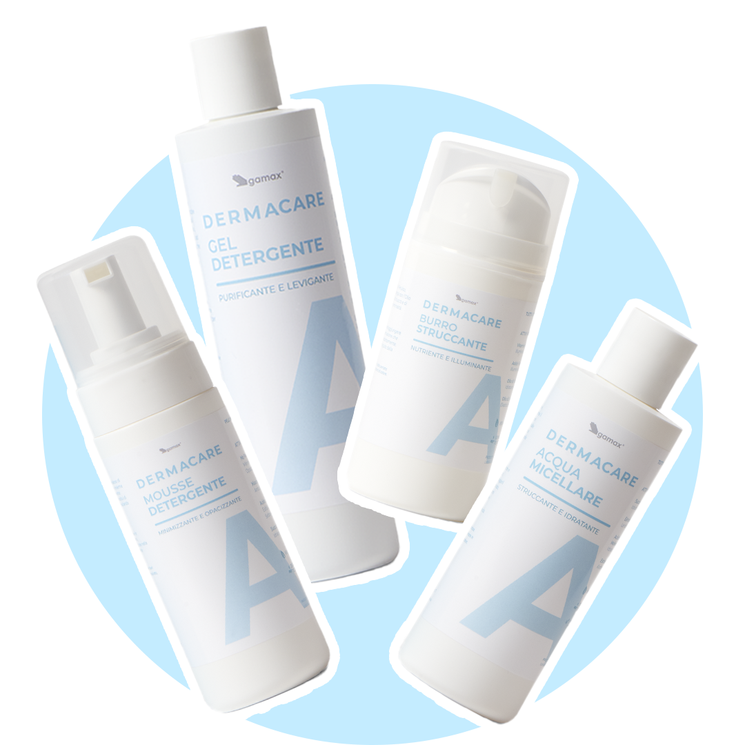 Bollino di colore blu con collage di prodotti per skincare. 