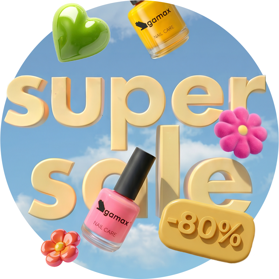 bollino per promozione estiva gamax cove si vedono smalti e scritta 3d super sale su sfondo cielo limpido e sereno