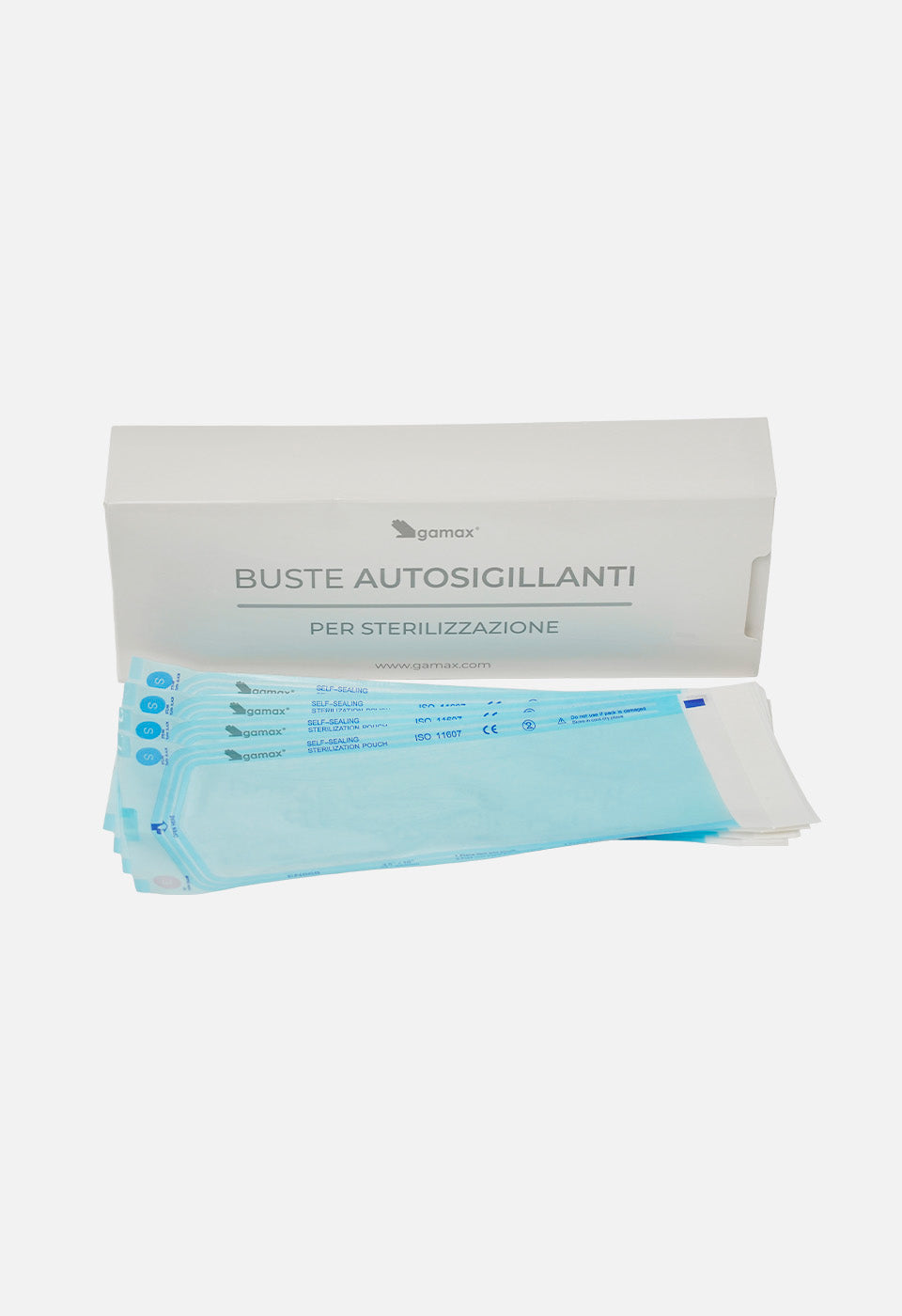 Scatola Gamax con buste autosigillanti azzurre per autoclave, formato medio, in primo piano.