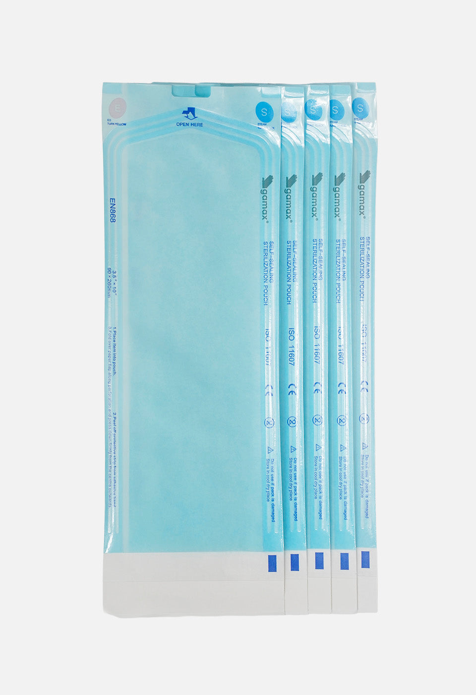 Buste autosigillanti azzurre per sterilizzazione in autoclave, formato medio, impilate su fondo bianco.