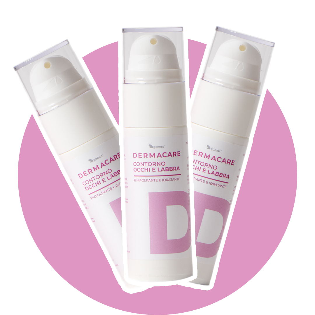 Bollino di colore rosa con collage di prodotti per skincare. 