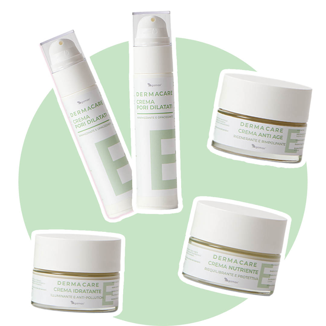 Bollino di colore verde salvia con collage di prodotti per skincare. 