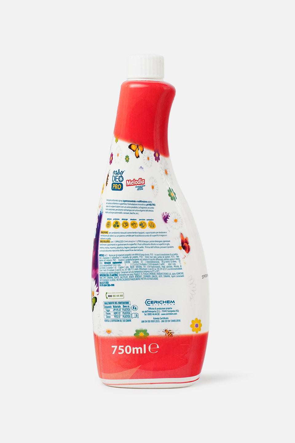Vista posteriore del flacone Melodia easyDEO PRO profumatore igienizzante superconcentrato fragranza 'Melodia'. Mostra l'etichetta dettagliata con istruzioni d'uso, ingredienti, avvertenze di sicurezza, codici a barre, icone di smaltimento, logo 'CERICHEM' e formato da 750 ml