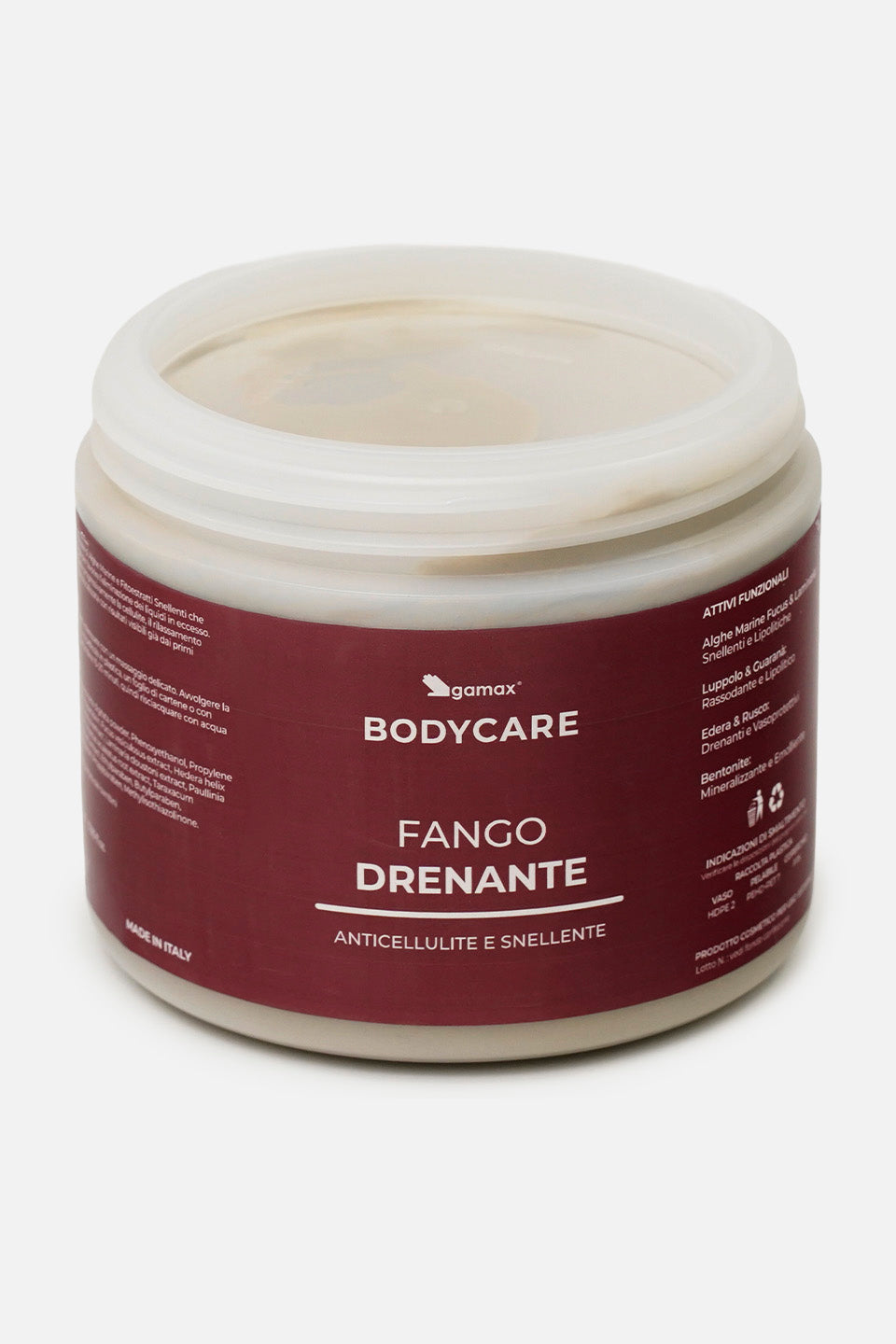 Dettaglio ravvicinato della texture densa e cremosa del fango drenante Gamax anticellulite alle alghe marine