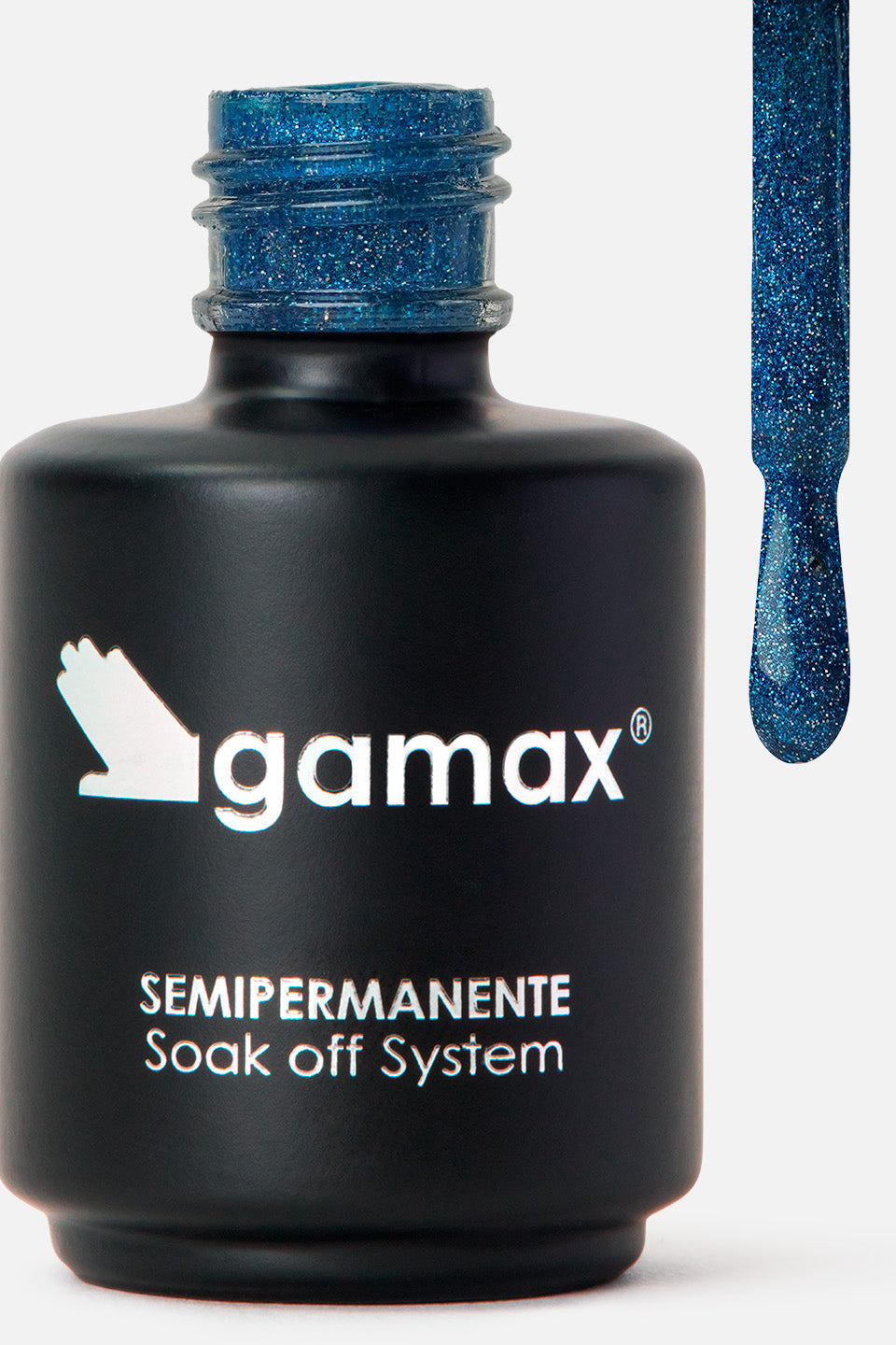 Flacone nero su sfondo neutro contenente smalto semipermanente gamax fizzy blue