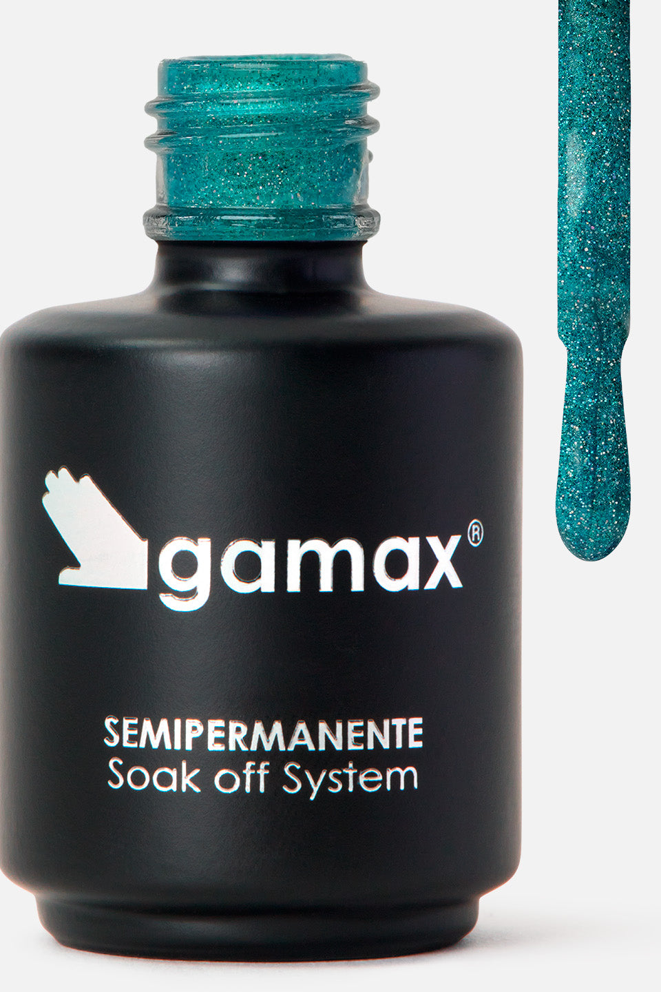 Flacone nero su sfondo neutro contenente smalto semipermanente gamax Cool Mint
