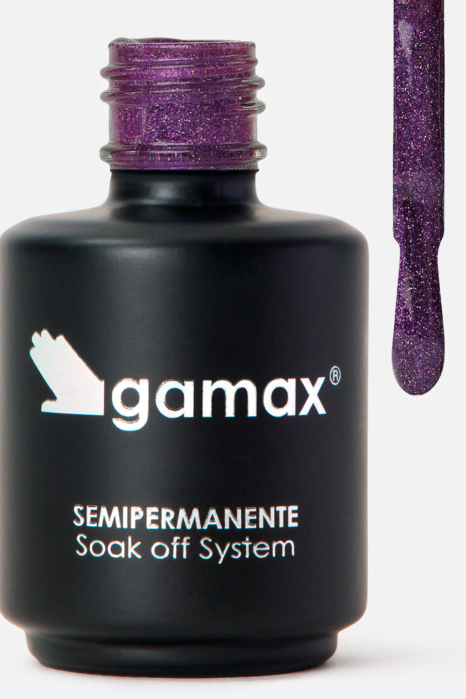 Flacone nero su sfondo neutro contenente smalto semipermanente gamax purple pop