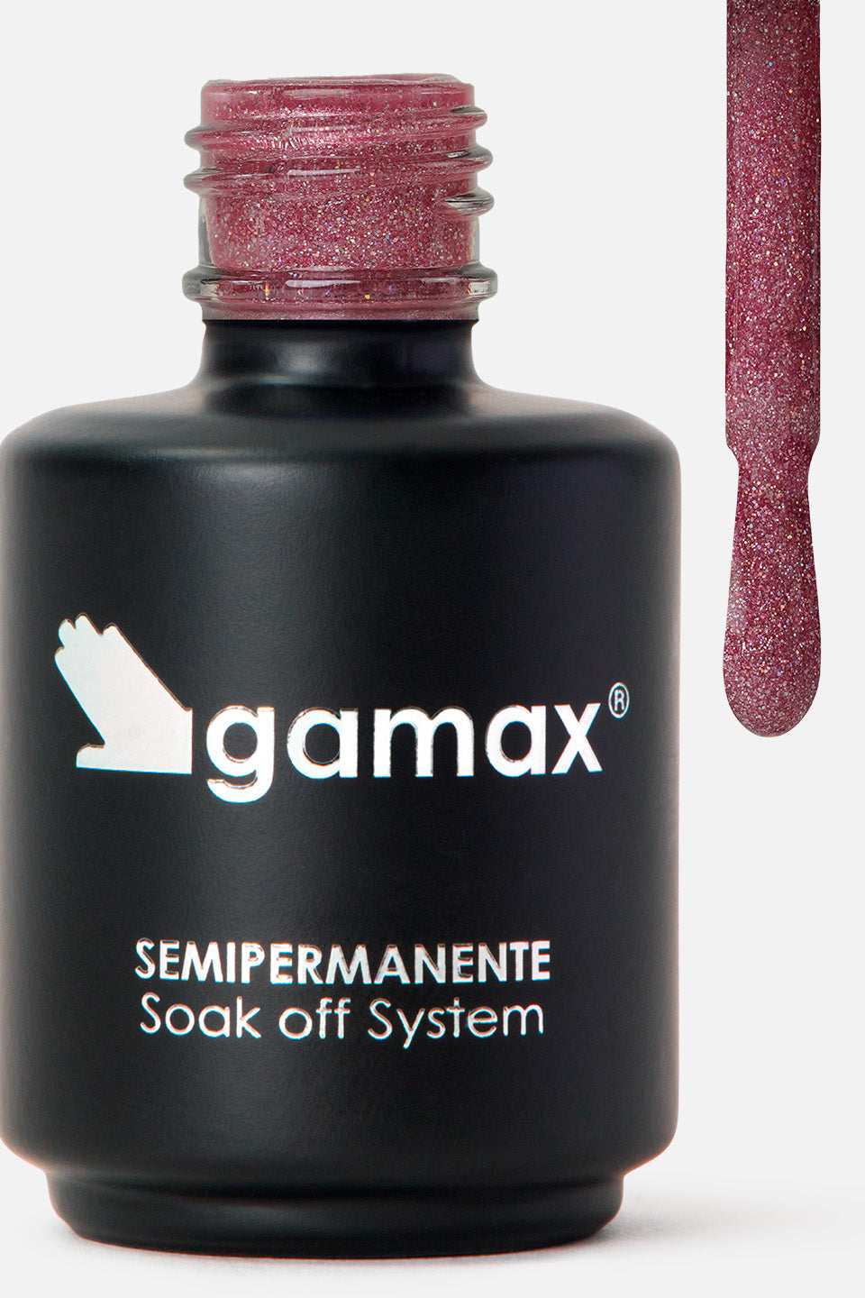 Flacone nero su sfondo neutro contenente smalto semipermanente gamax sparkly pink