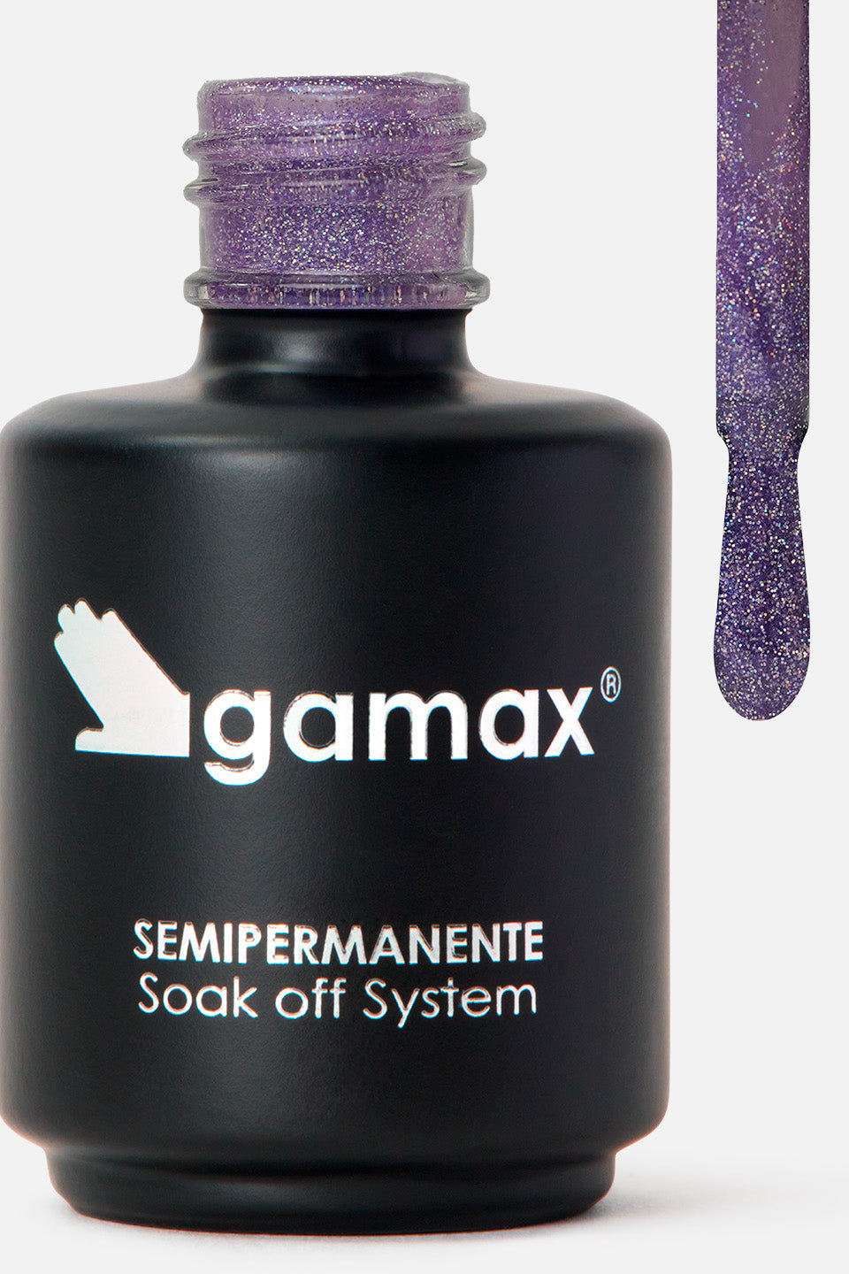 Flacone nero su sfondo neutro contenente smalto semipermanente gamax Star Glow