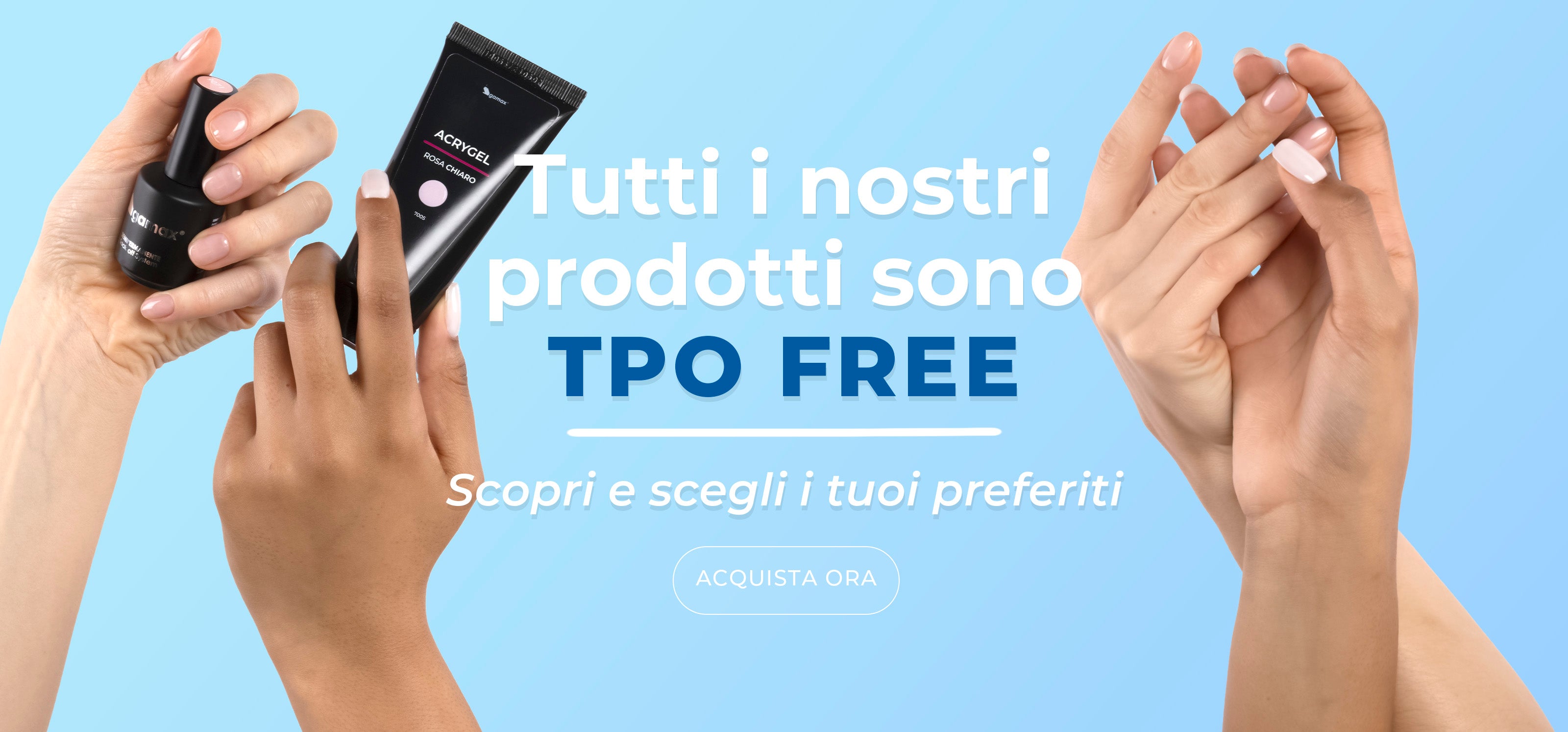 Banner grafico con mani che si toccano e tengono prodotti e scritta centrale che annuncia che tutti i prodotti Gamax sono TPO FREE