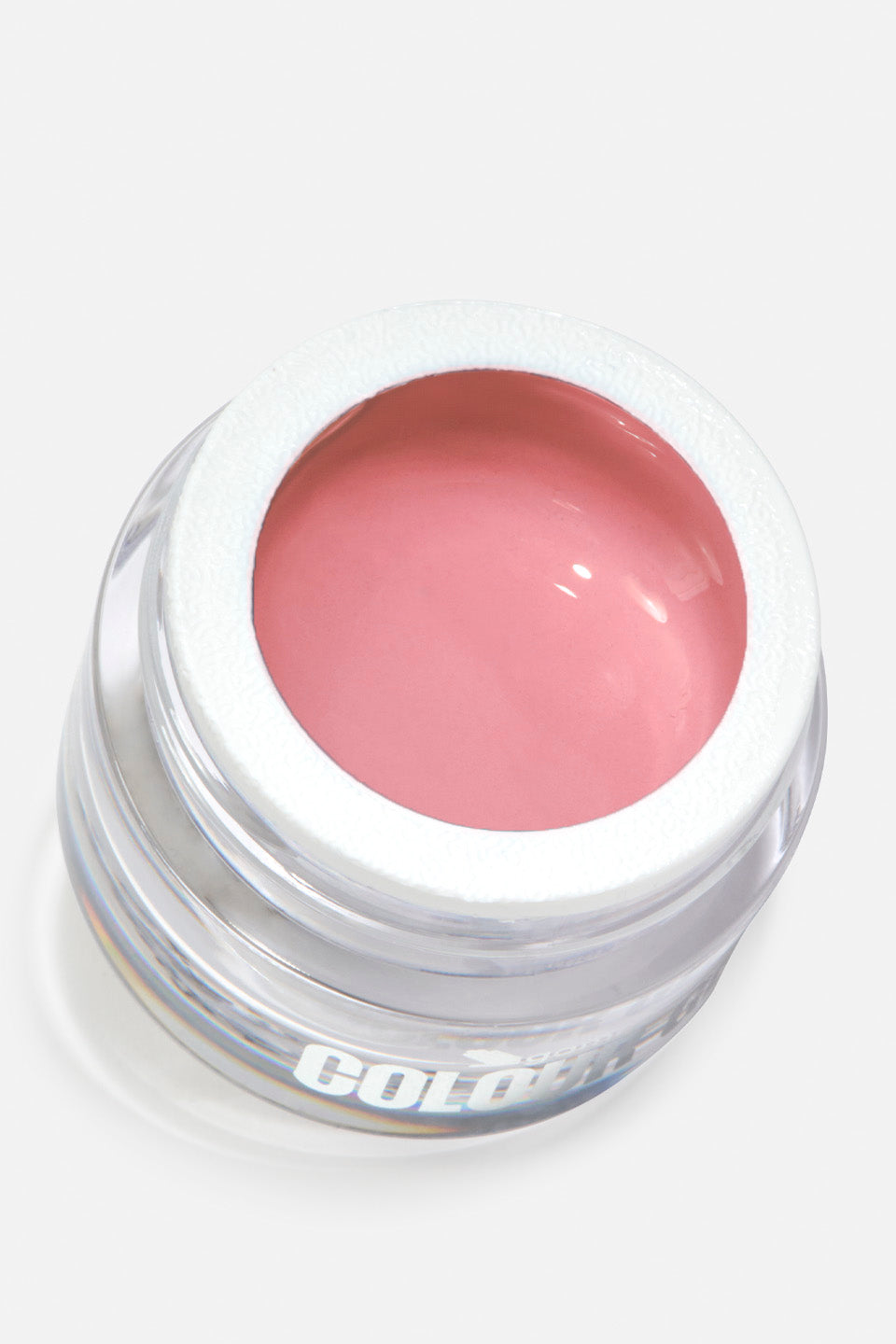Vasetto trasparente contenente gel per unghie colore rosa.