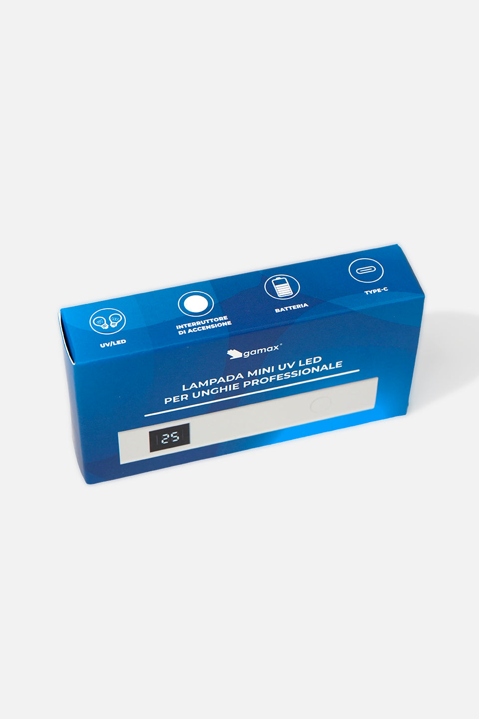 Confezione blu della lampada mini UV LED Gamax vista dall'alto, che mostra le icone delle caratteristiche: tecnologia UV/LED, interruttore di accensione, batteria integrata e ricarica tramite cavo USB Type-C.