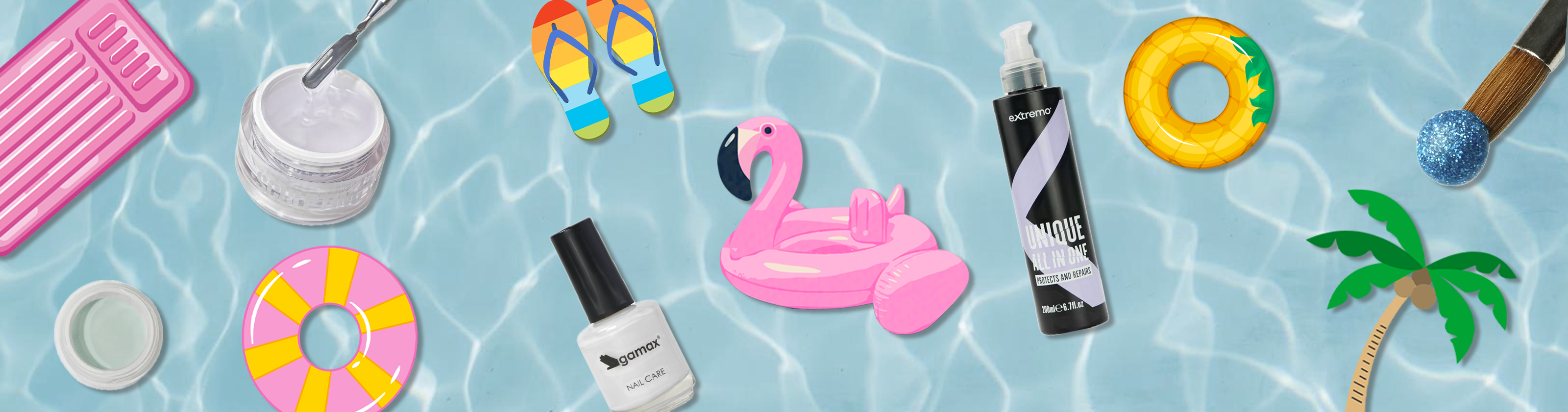 banner divisorio fantasia estate prodotti beauty su sfondo piscina