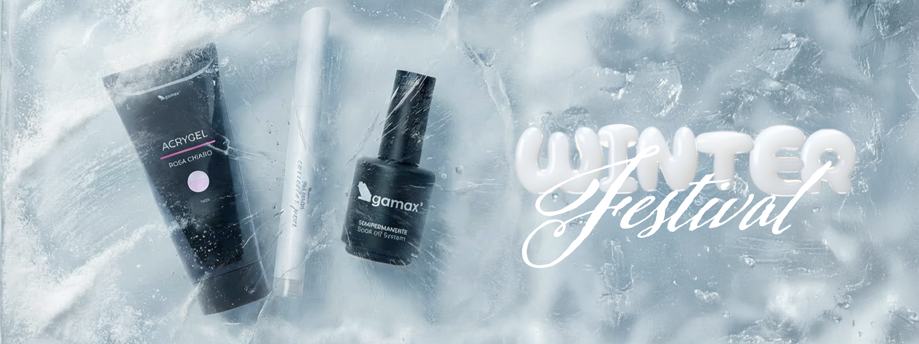 prodotti sotto ghiaccio realizzati graficamente con scritta winter festival