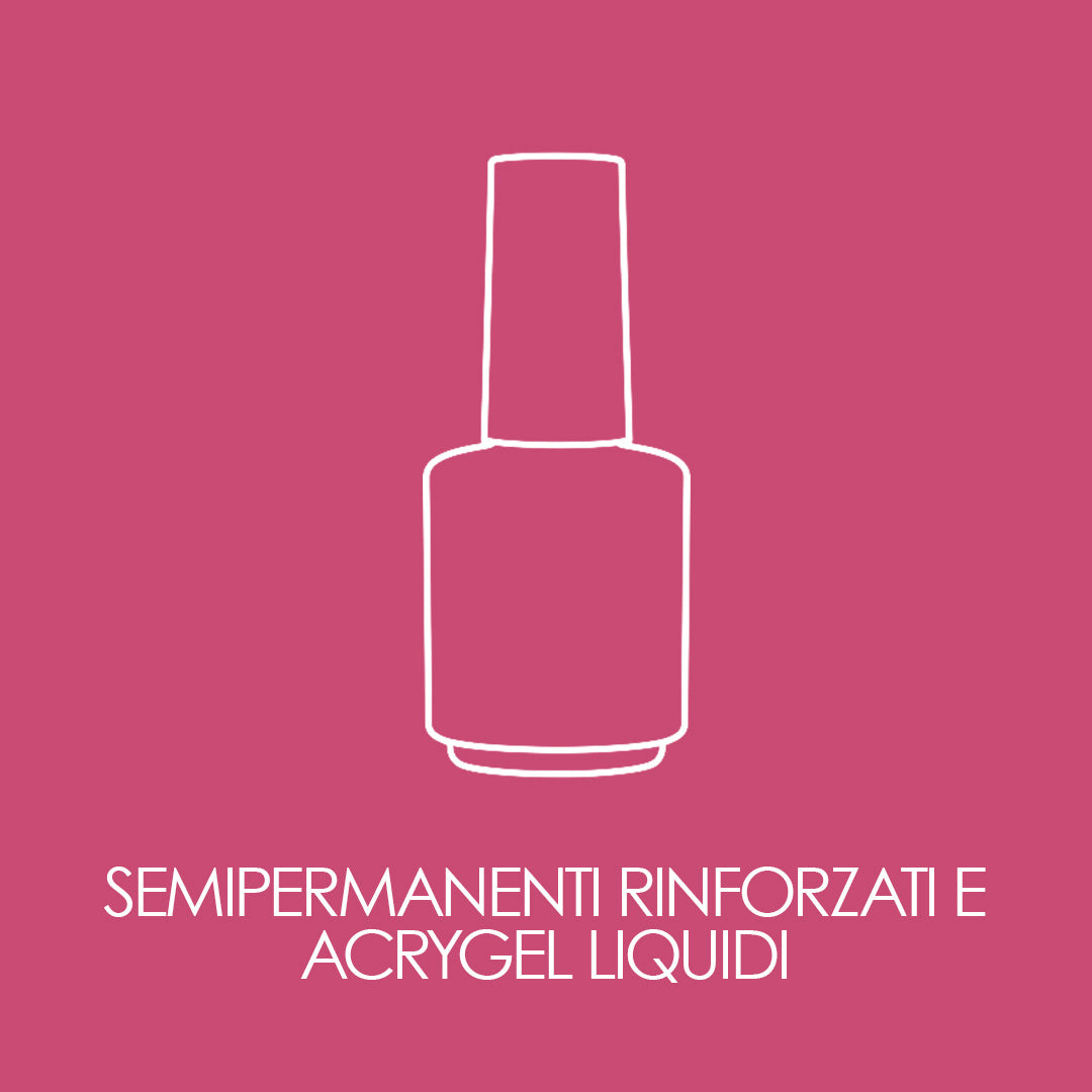 Grafica con sfondo rosa e outline bianco di un acrygel liquido e scritta bianca "semipermanenti rinforzati e acrygel liquidi"