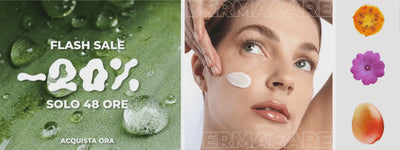 Video promozionale Dermacare per Flash Sale del -20% per 48 ore. A sinistra scorrono sfondi naturali con foglie bagnate, fichi e mandorle. Al centro, una donna applica una crema viso idratante, affiancata da icone di ingredienti naturali come mango, melograno e fiori