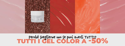 Breve video dinamico che mostra diverse texture di gel colorati per unghie in tonalità vivaci. Sovrimpressione testuale: "perché scegliere uno se puoi averli TUTTI? TUTTI I GEL COLOR A -50%". Al centro compare un vasetto di Gel Color Gamax.