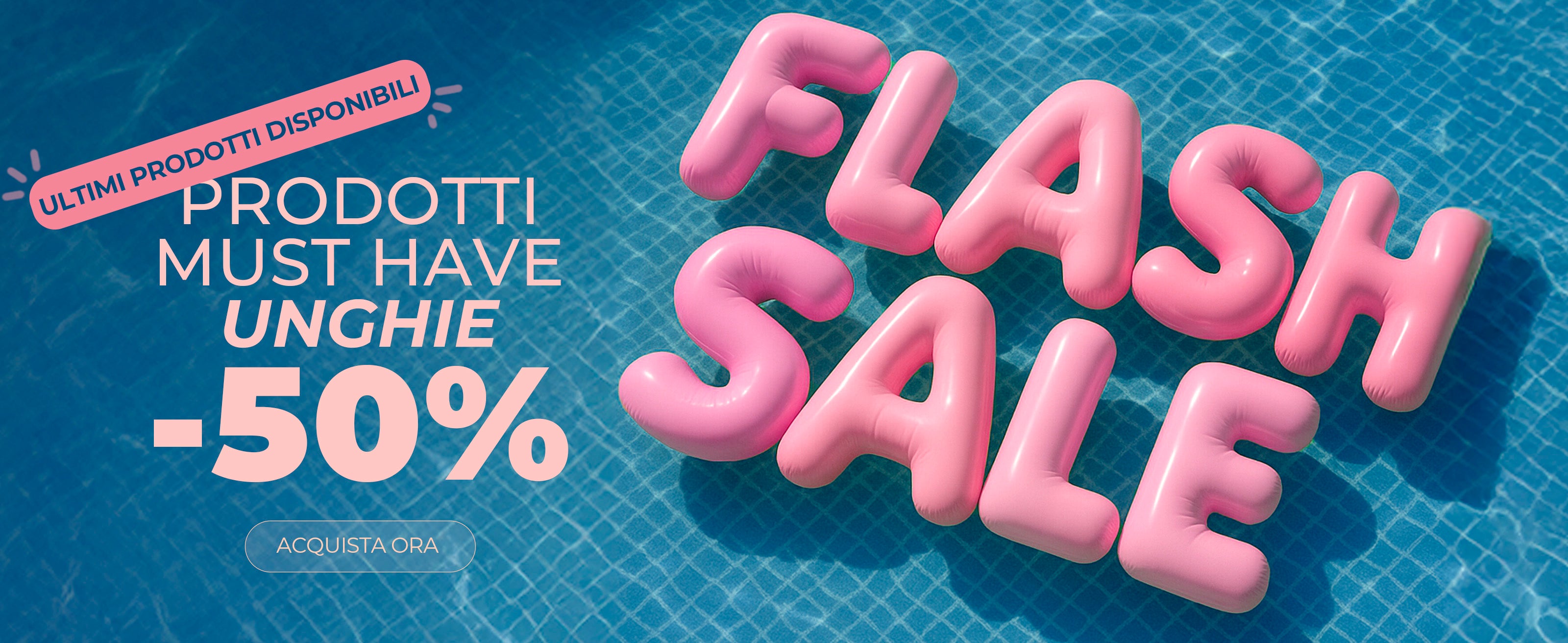 banner pubblicitario gamax per promozione nails. Scritta realizzata in 3d su sfondo piscina con acqua e riflessi del solo